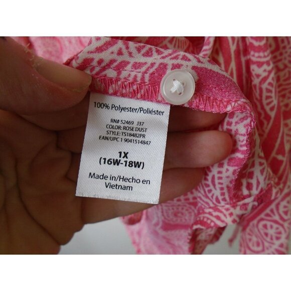 Terra & Sky Brand Women 1X (16W-18W) Polyester Tie Front Blouse Pink White Print - Picture 4 of 6
